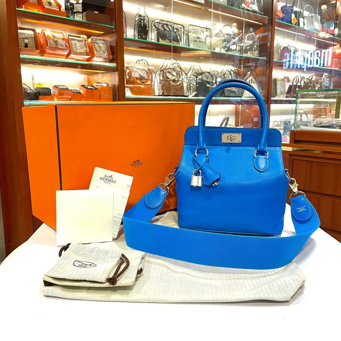 98%NEW二手HERMES TOOLBOX 20 X刻 T7水妖藍 EVERCOLOR皮/銀扣 T7Bleu Hydra PHW #牛奶包 #兩年免費保養 #香榭站正品