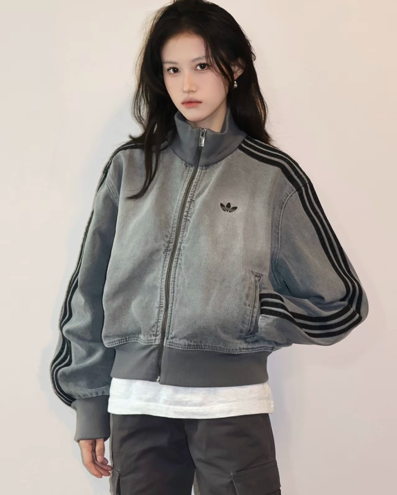 ADIDAS ORIGINALS JACKET 水洗灰牛仔外套短版三葉草 洗水灰