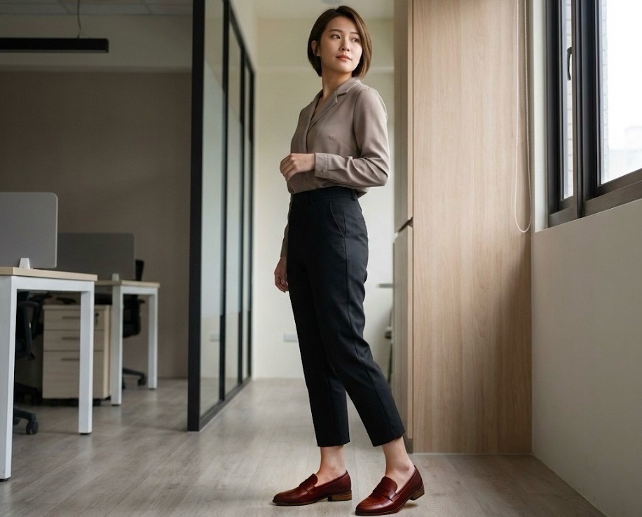 上班族必備 Sanly Joy 寬楦方頭樂福鞋,利用小方頭設計提供腳趾舒適空間,同時修飾寬腳板線條,搭配西裝褲展現俐落職場風格,是兼具時尚與舒適的顯瘦寬楦皮鞋推薦。