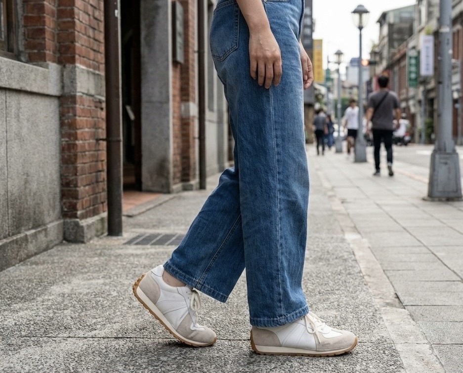 Sanly Joy 胖胖德訓鞋穿搭示範,結合 2026 流行趨勢與寬楦舒適度,利用 T 字麂皮拼接視覺顯瘦,讓肉肉腳女生也能輕鬆駕馭韓系潮流球鞋,告別傳統寬頭鞋的笨重感。