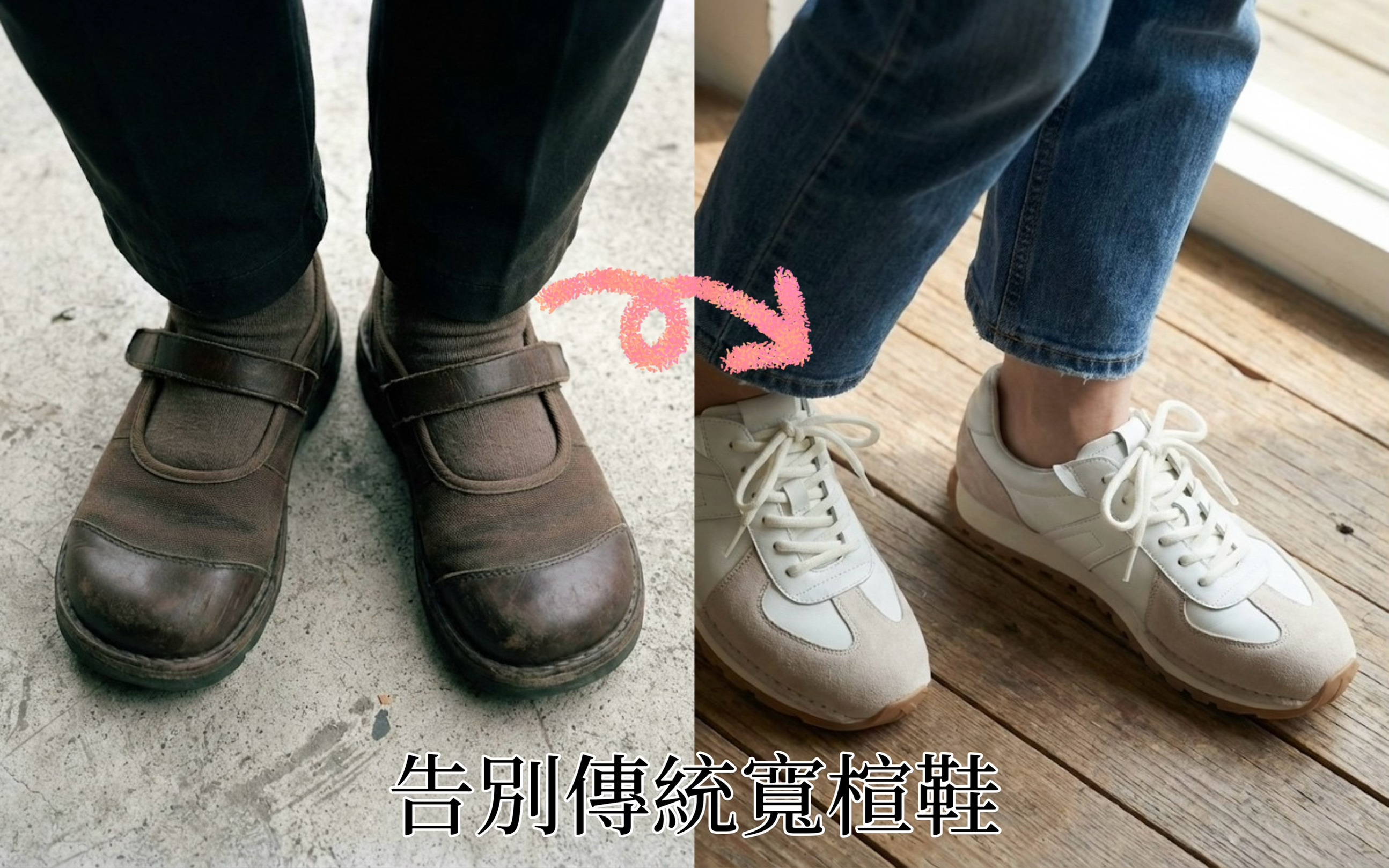 比較傳統老氣健康鞋與 Sanly Joy 美型寬楦女鞋的差異,強調時尚剪裁與真皮質感能兼顧舒適與美觀,打破寬楦鞋只能是阿嬤款的迷思,推薦給追求穿搭品味的寬腳板女性。