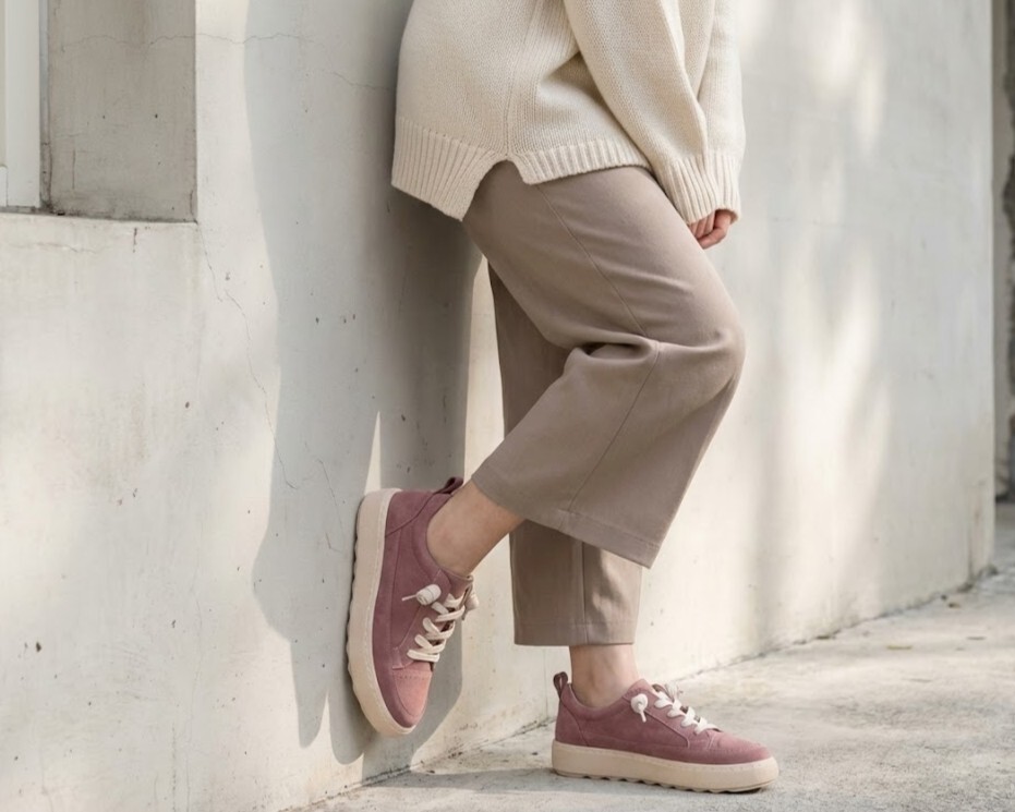 Sanly Joy防潑水休閒鞋-萌萌包鞋 芋頭紫色,舒適柔軟好穿,展示秋冬穿搭在水泥牆邊拍照呈現一種秋冬慵懶的風格。