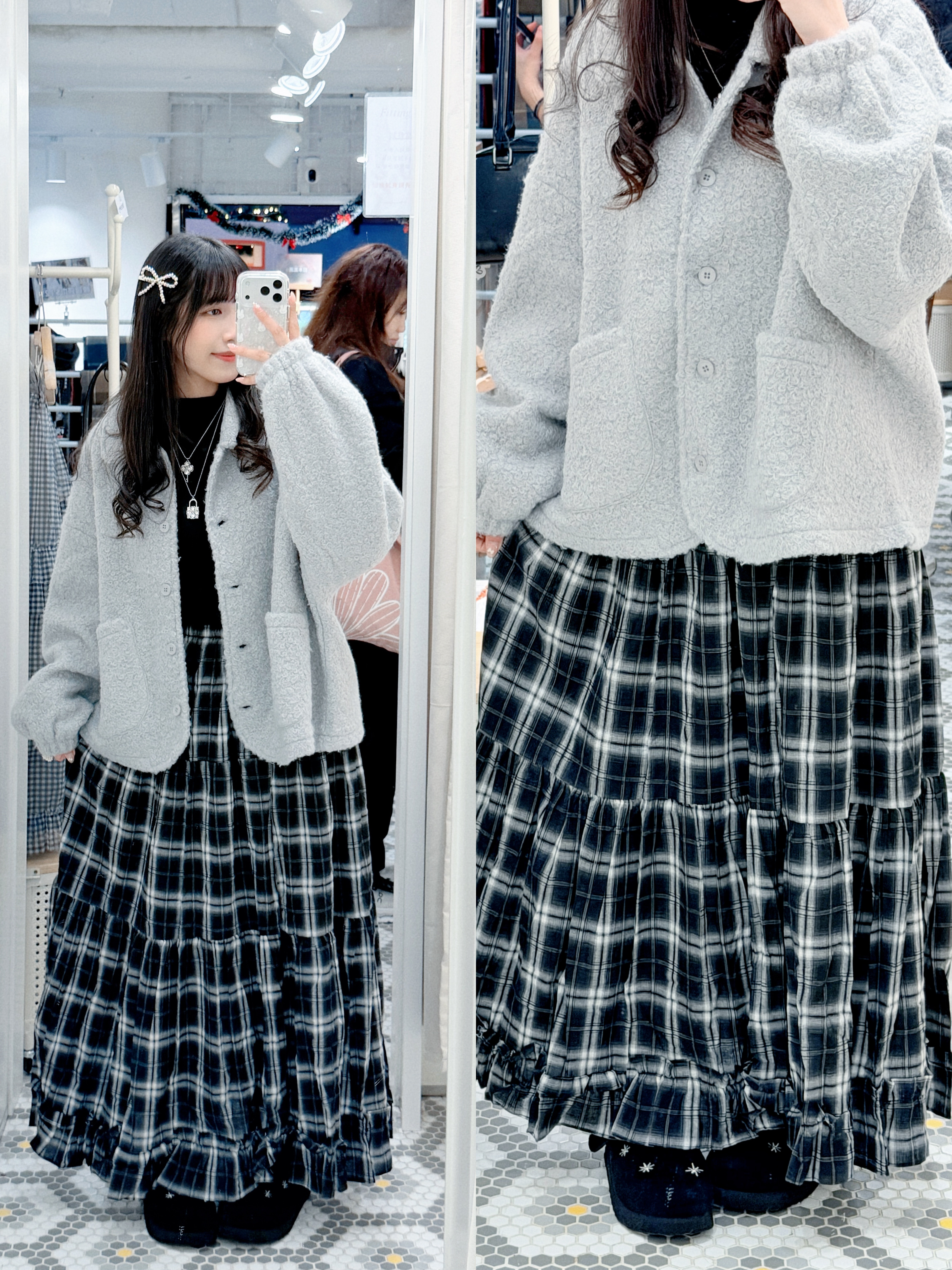 D0487｜黑白配色✮⋆˙ 大格紋荷葉邊蛋糕長裙