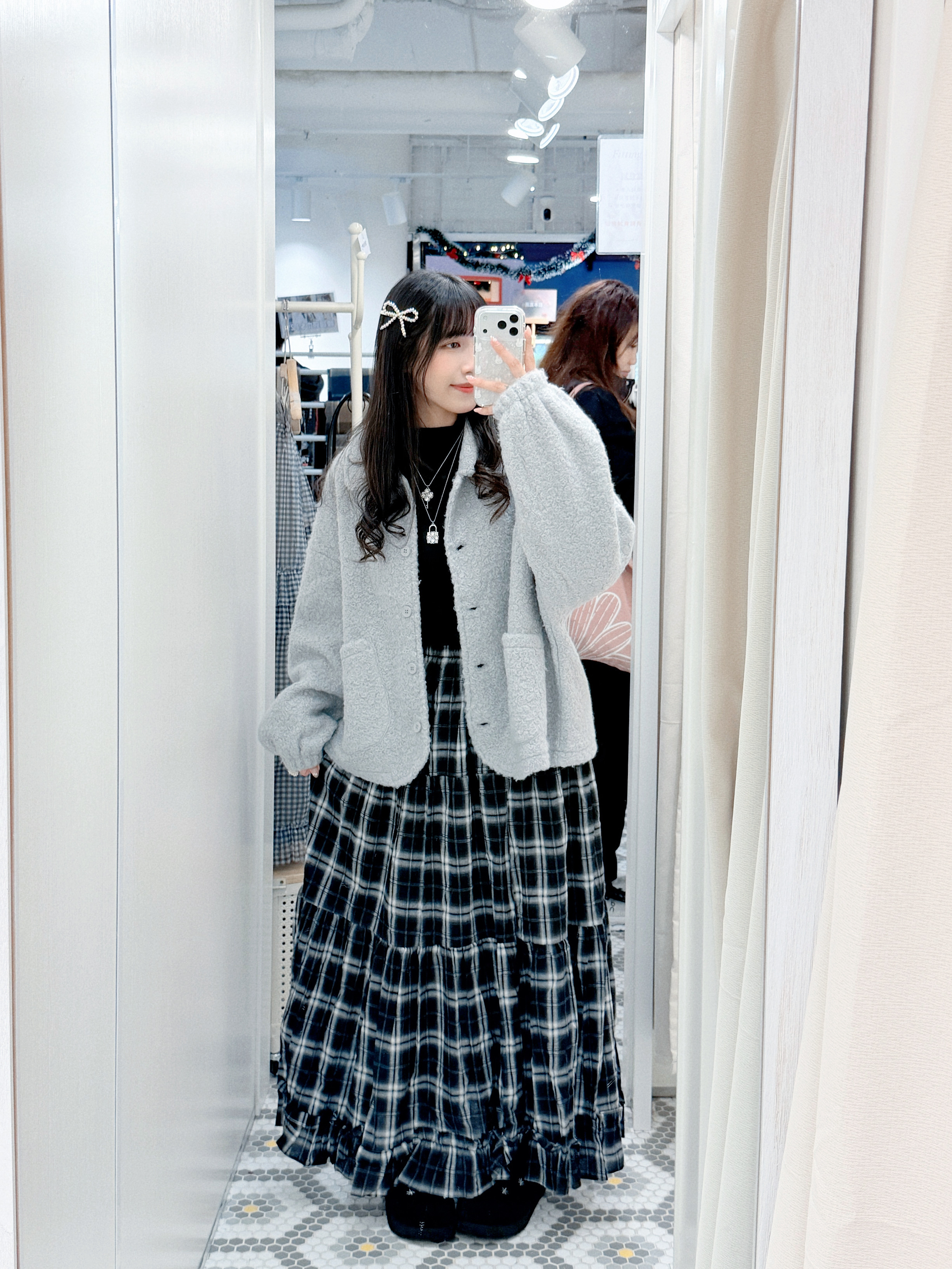 D0487｜黑白配色✮⋆˙ 大格紋荷葉邊蛋糕長裙