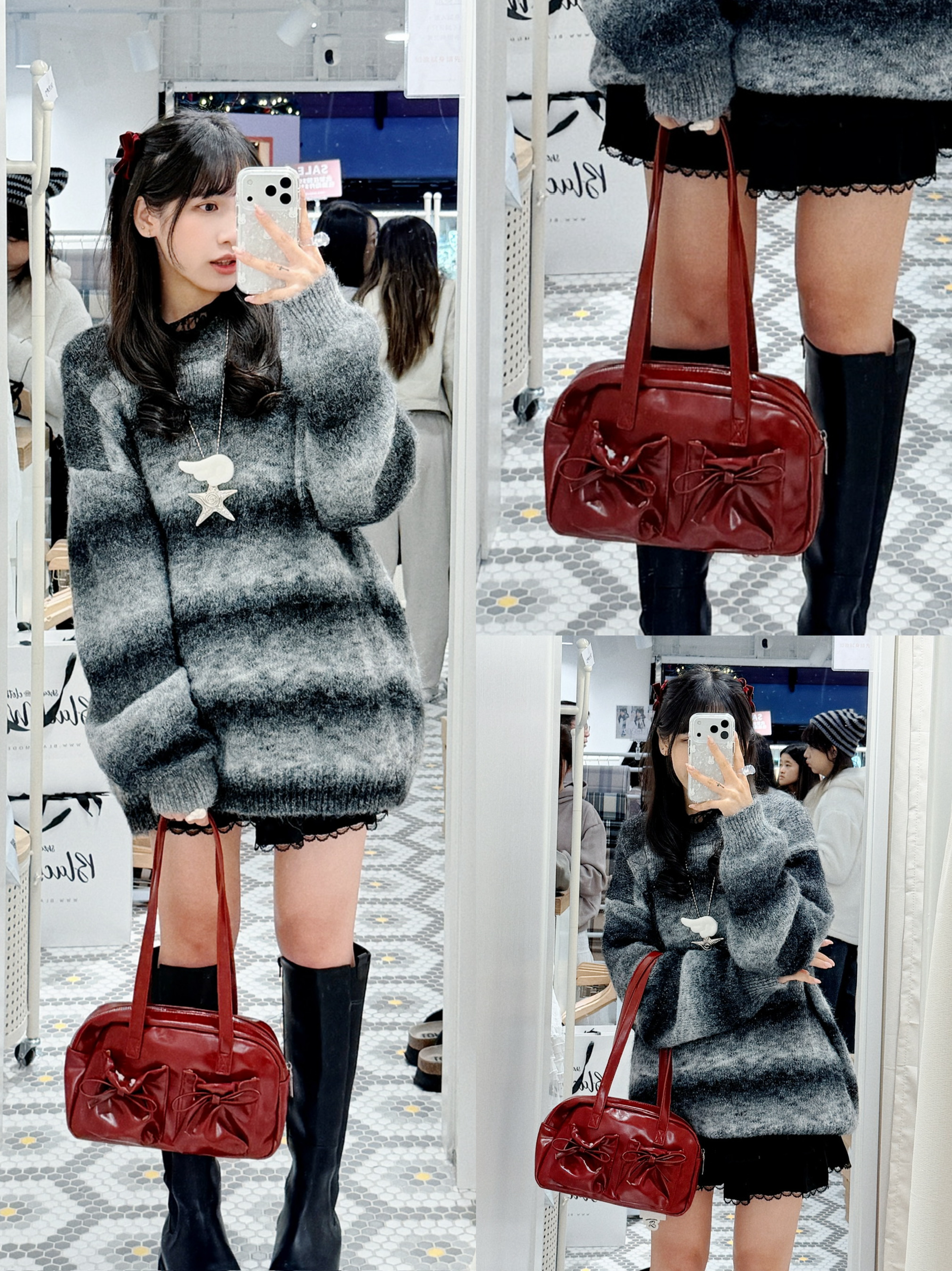 A0232｜甜酷感雙蝴蝶結束袋漆皮單肩袋