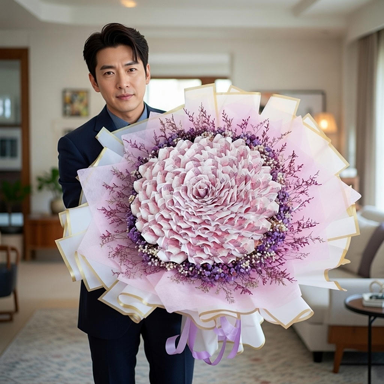 男性手拿巨型100張鈔票花束在優雅室內