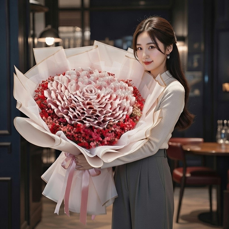 韓系女生手拿巨型100張鈔票花束在優雅黑色的餐廳,有錢花,生日花束推薦,生日禮物推薦