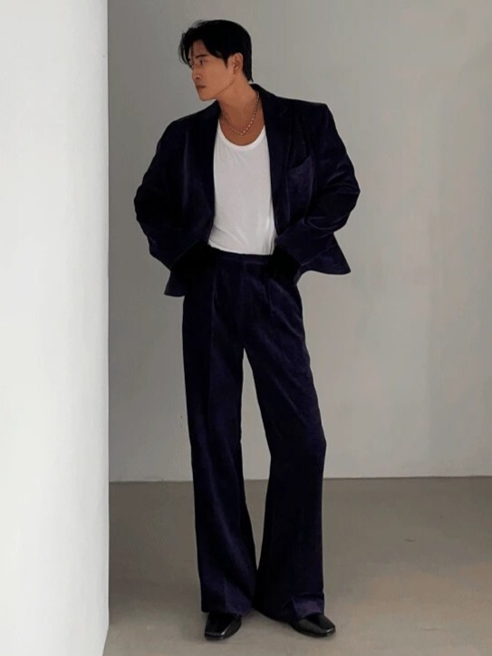 絲絨短款西裝外套 喇叭西裝褲 成套西裝