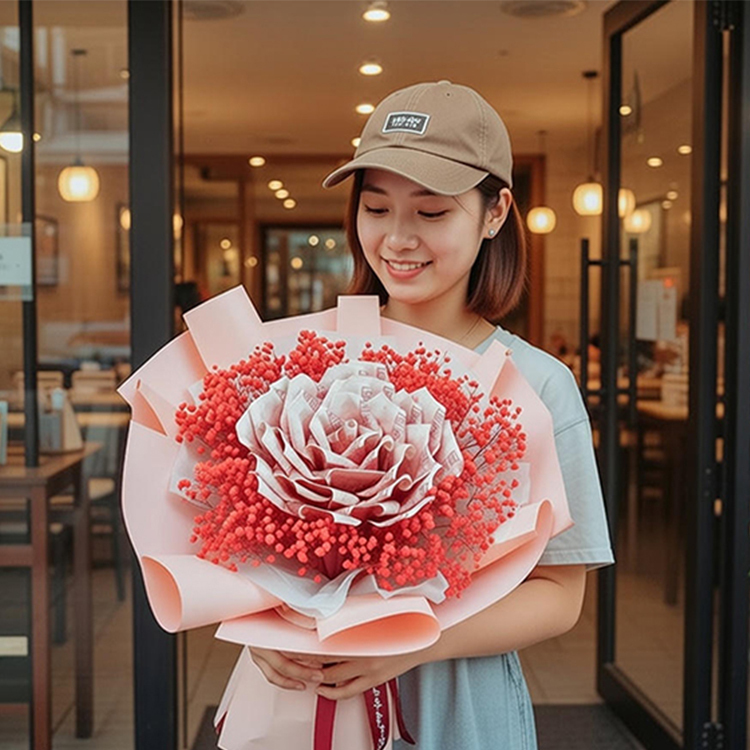 女生手拿36張鈔票花束在餐廳門口,生日禮物推薦,生日花束推薦