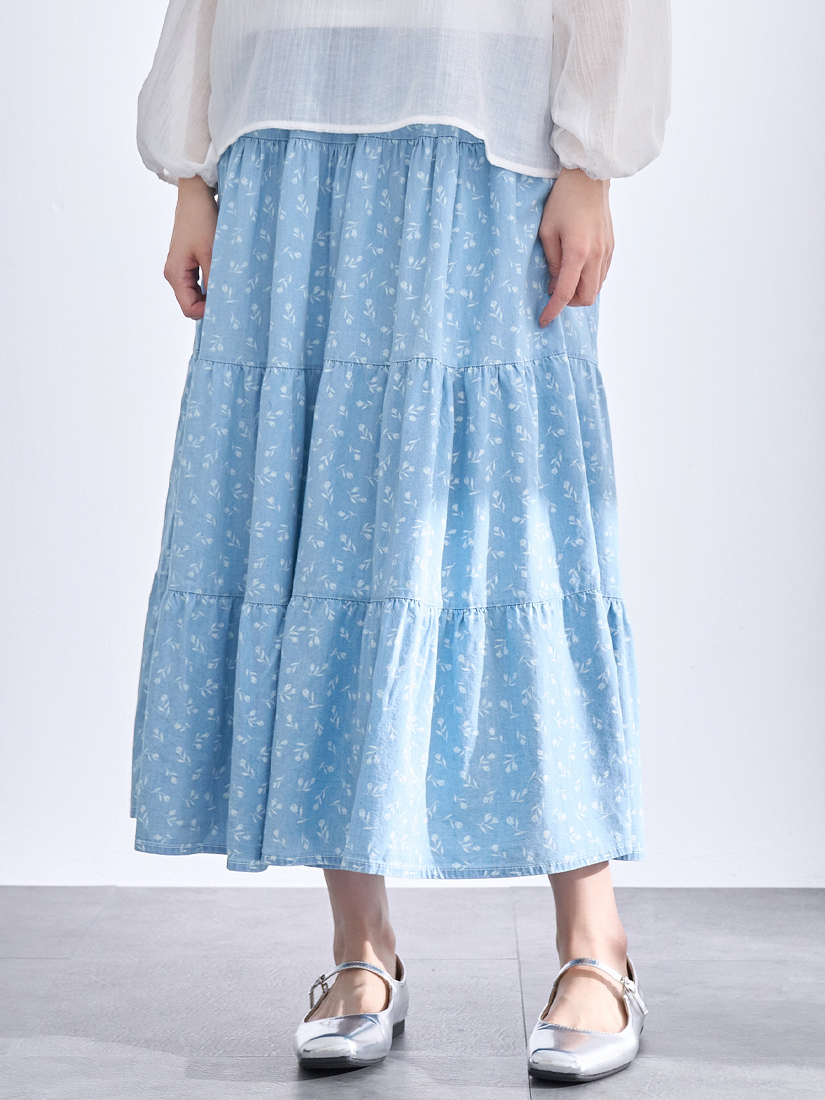 滿印碎花薄棉牛仔蛋糕長裙