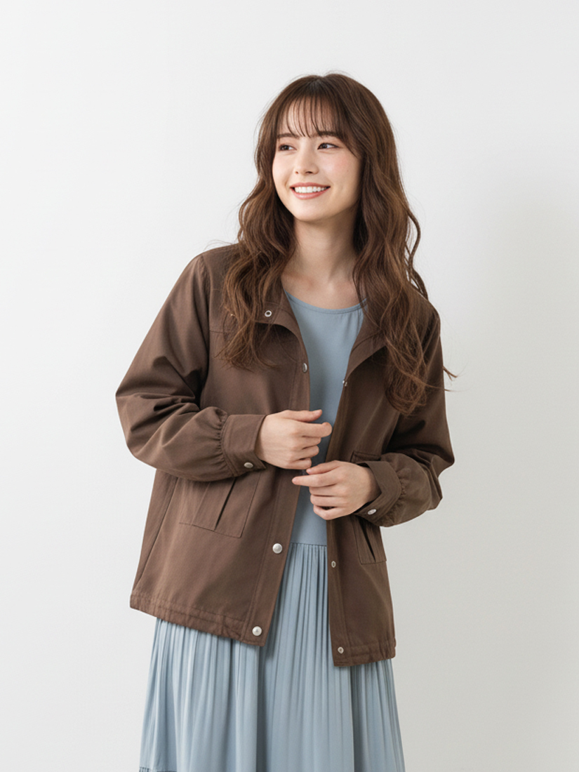 立領工裝口袋夾克外套壓褶短袖長洋裝組合