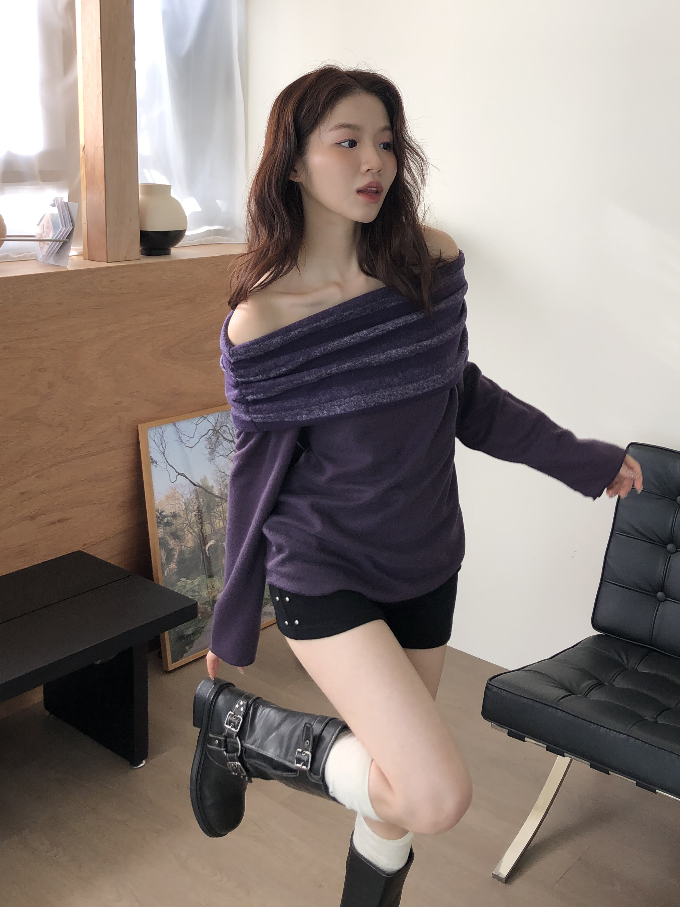 Marble Off-Shoulder Tee #上衣