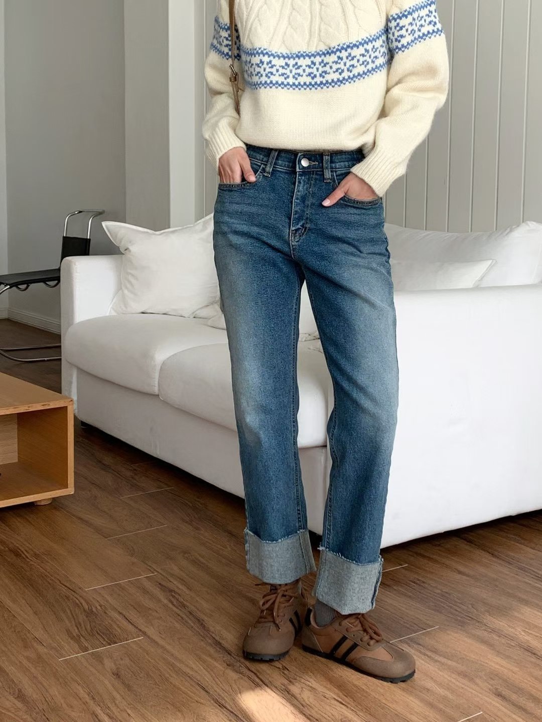 2676反摺內加絨牛仔長褲