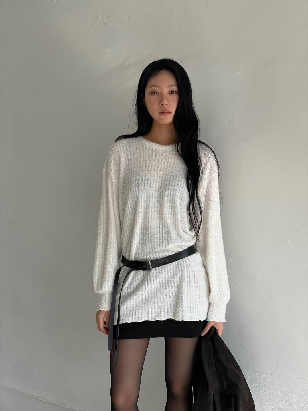 縮袖長版絨毛上衣(不含腰帶)