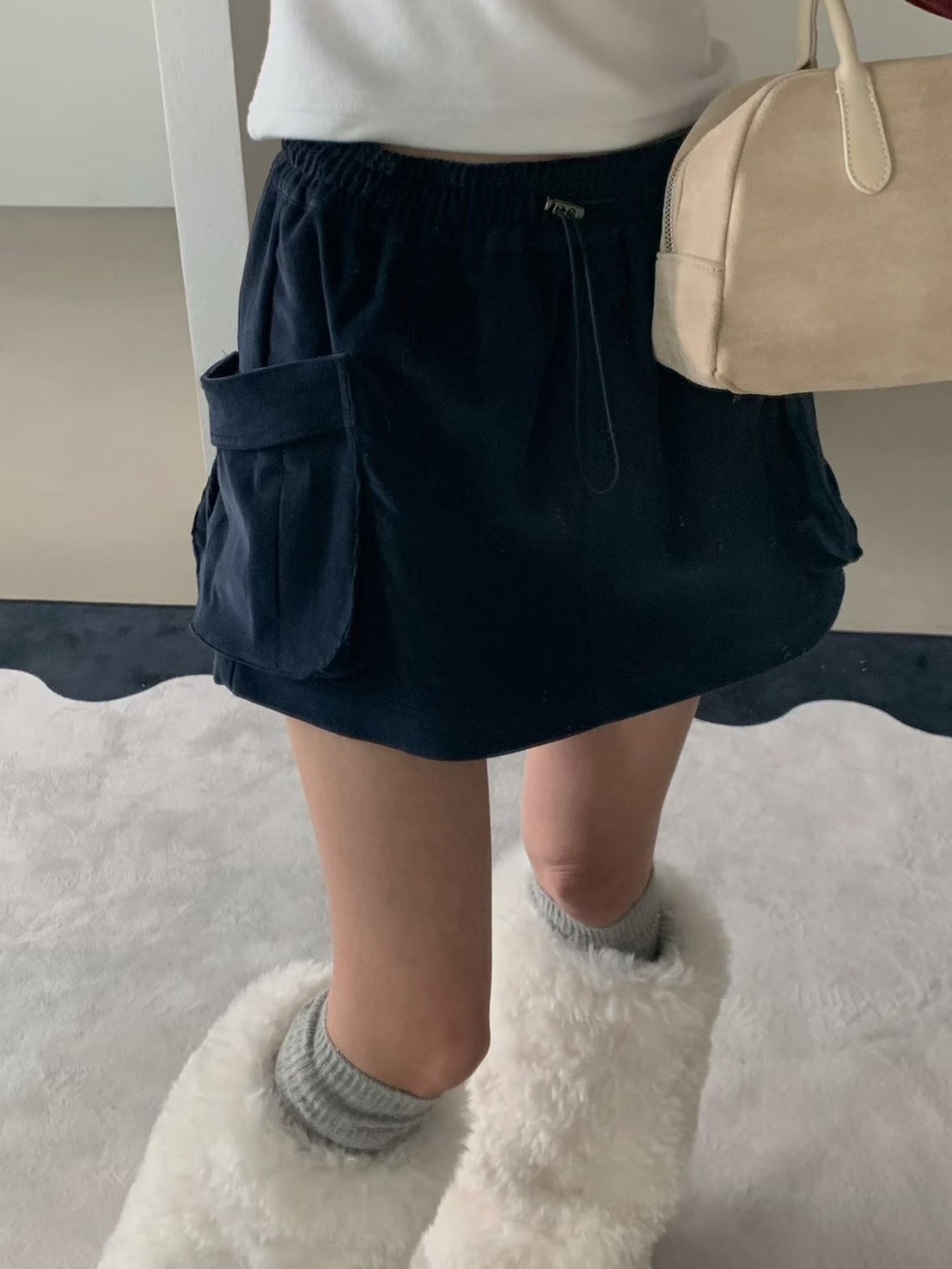 口袋絨面鬆緊短褲裙