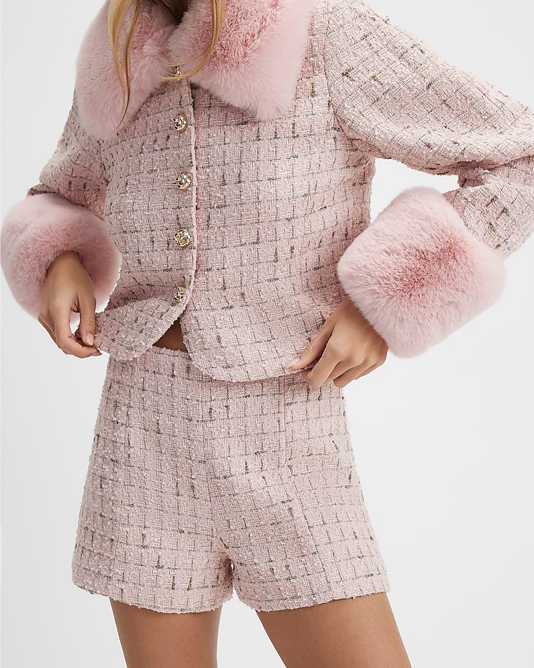 Blush Pink粉紅色金屬紗毛呢短褲