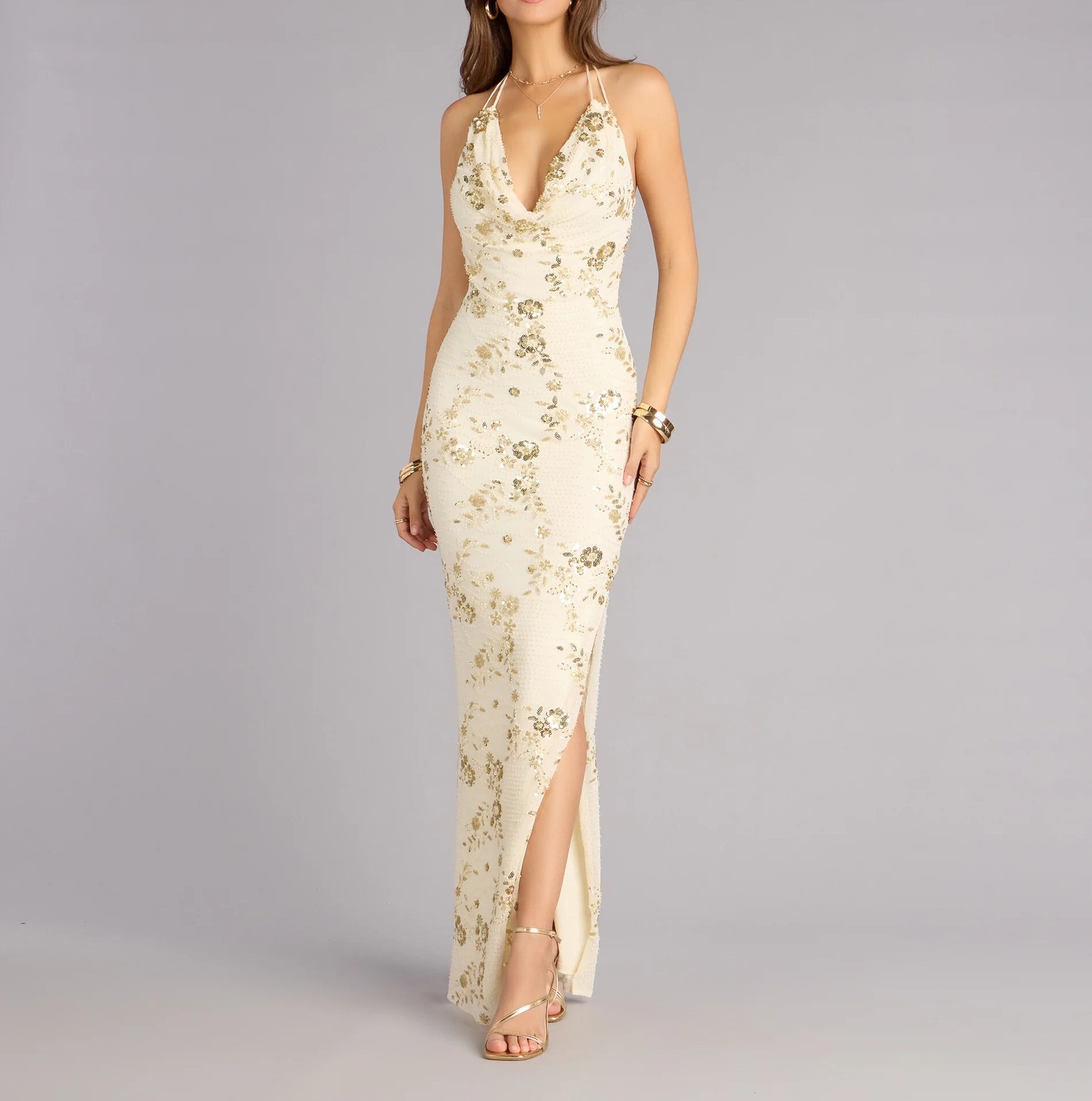 Ivory米白色亮片縫珠花卉繞脖露背綁帶  Dress