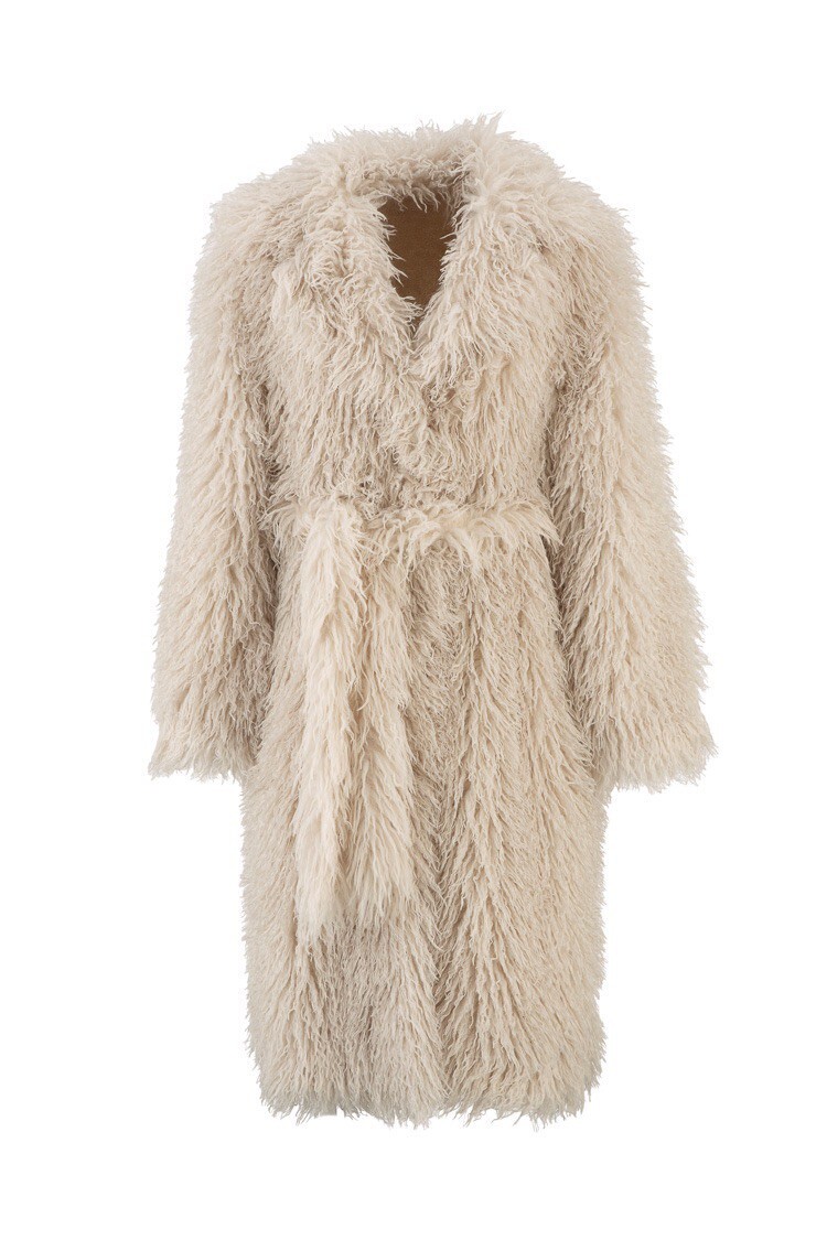 Italy Love義大利燕麥奶油色長毛Vegan皮草內麂皮腰帶大衣外套