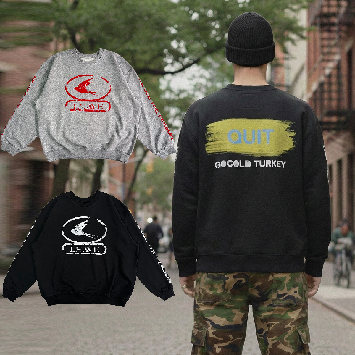 MTA LEAVE SWEATSHIRT 黑色 灰色 印花 落肩 標語 寬鬆 長T 衛衣【M25AWSS01】