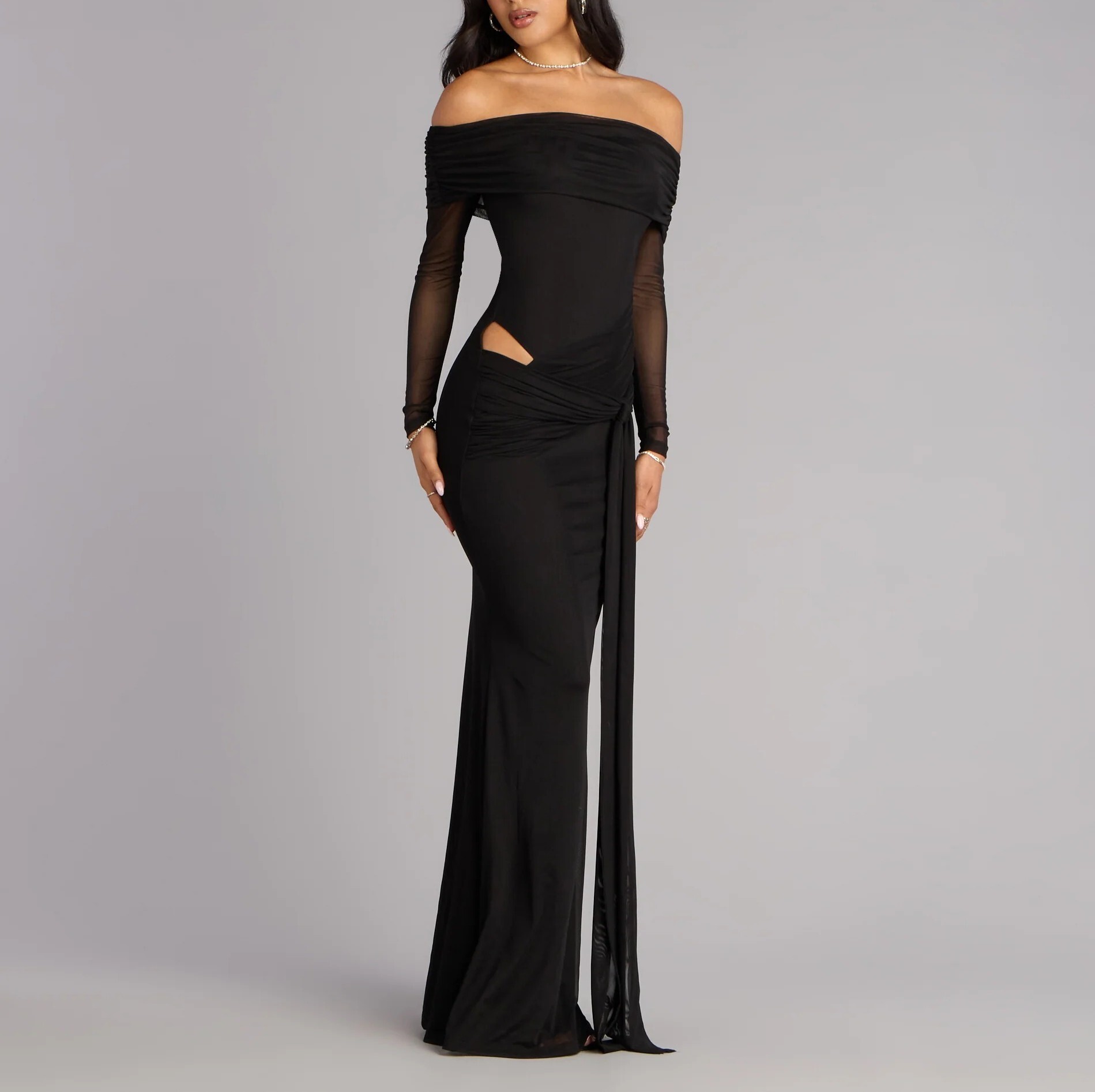 Black Mermaid黑色翻領網紗Cutout垂墜腰帶人魚Dress