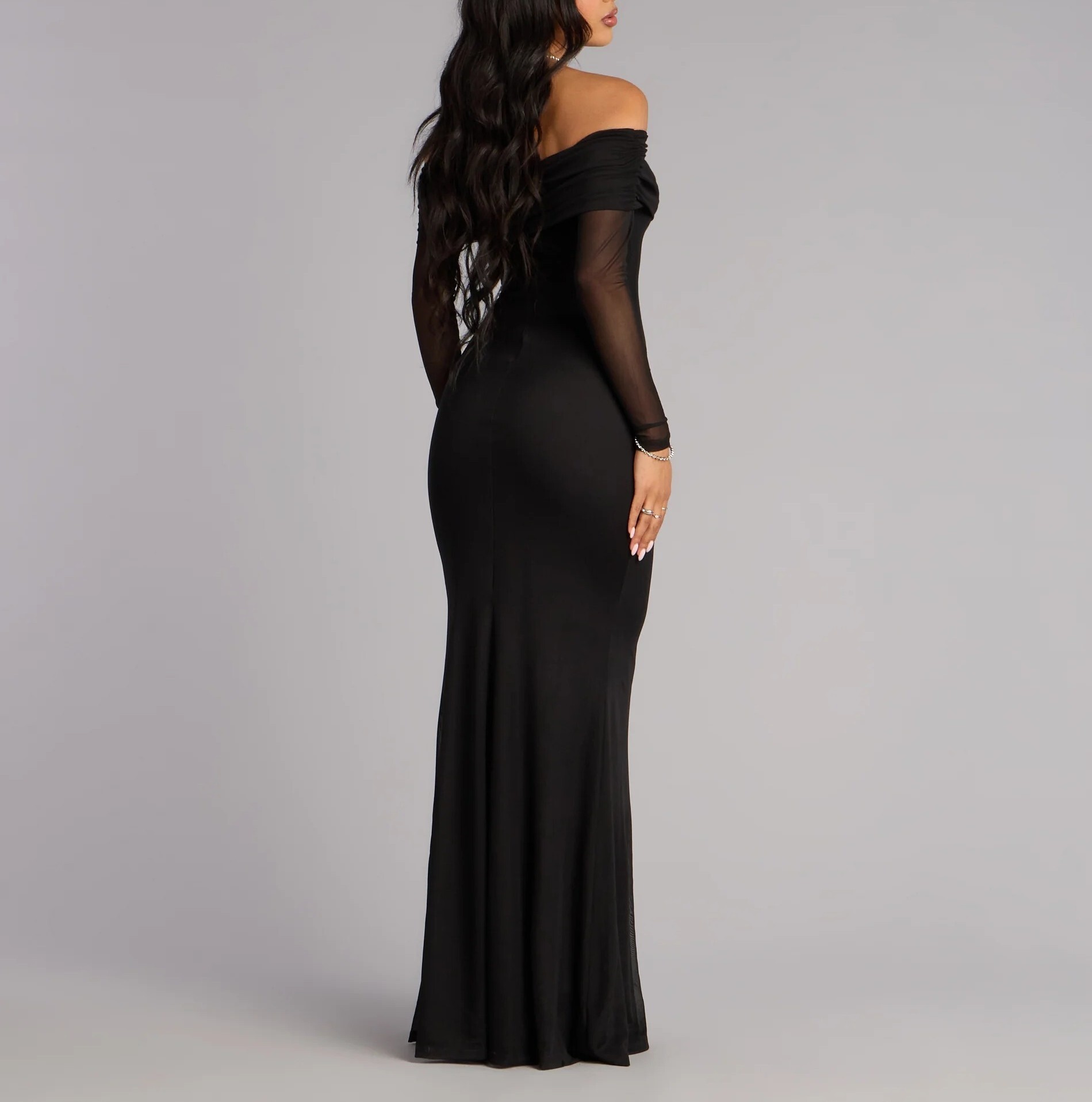 Black Mermaid黑色翻領網紗Cutout垂墜腰帶人魚Dress