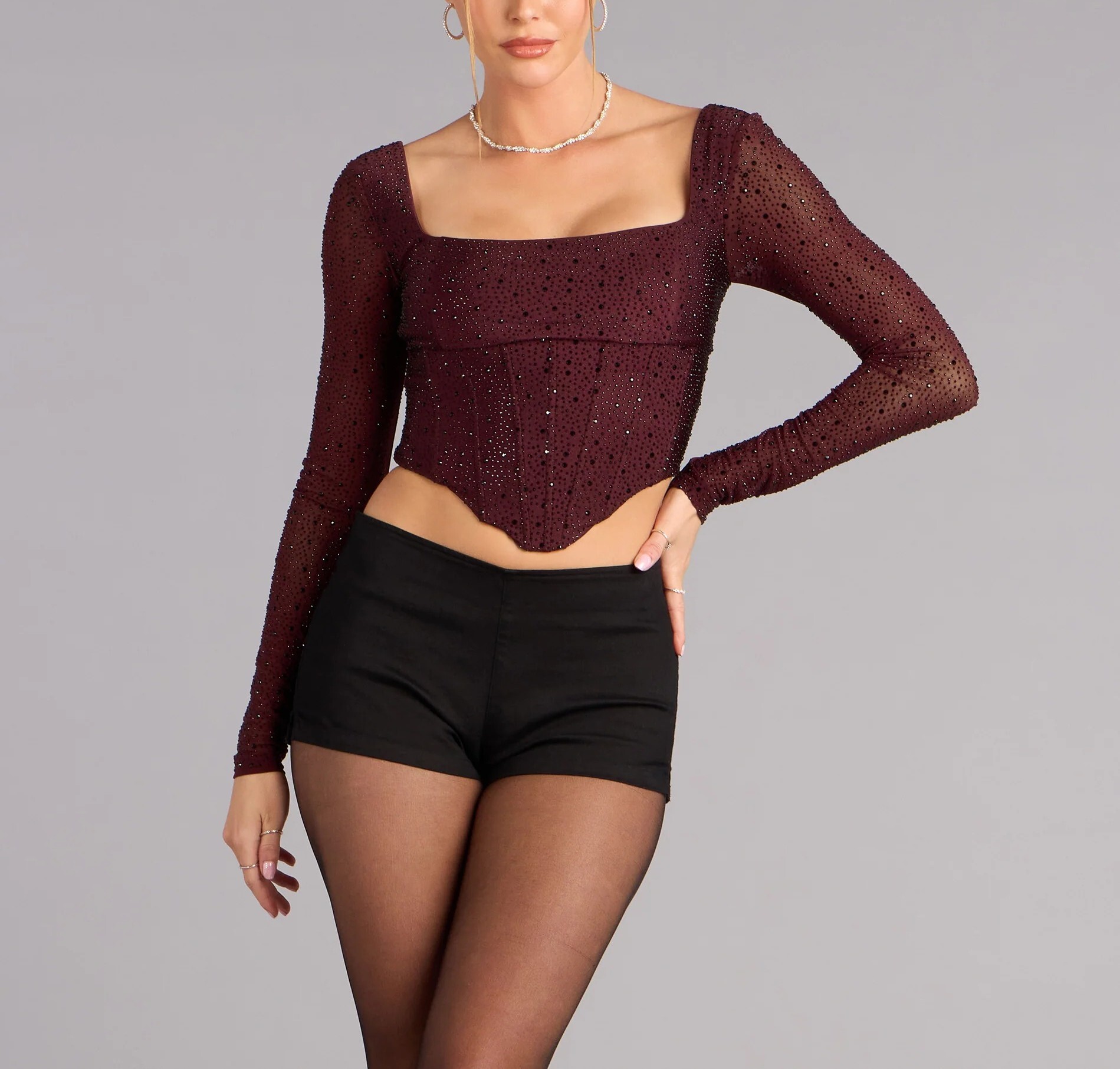 Burgundy勃根地酒紅色透紗鑽方領馬甲上衣