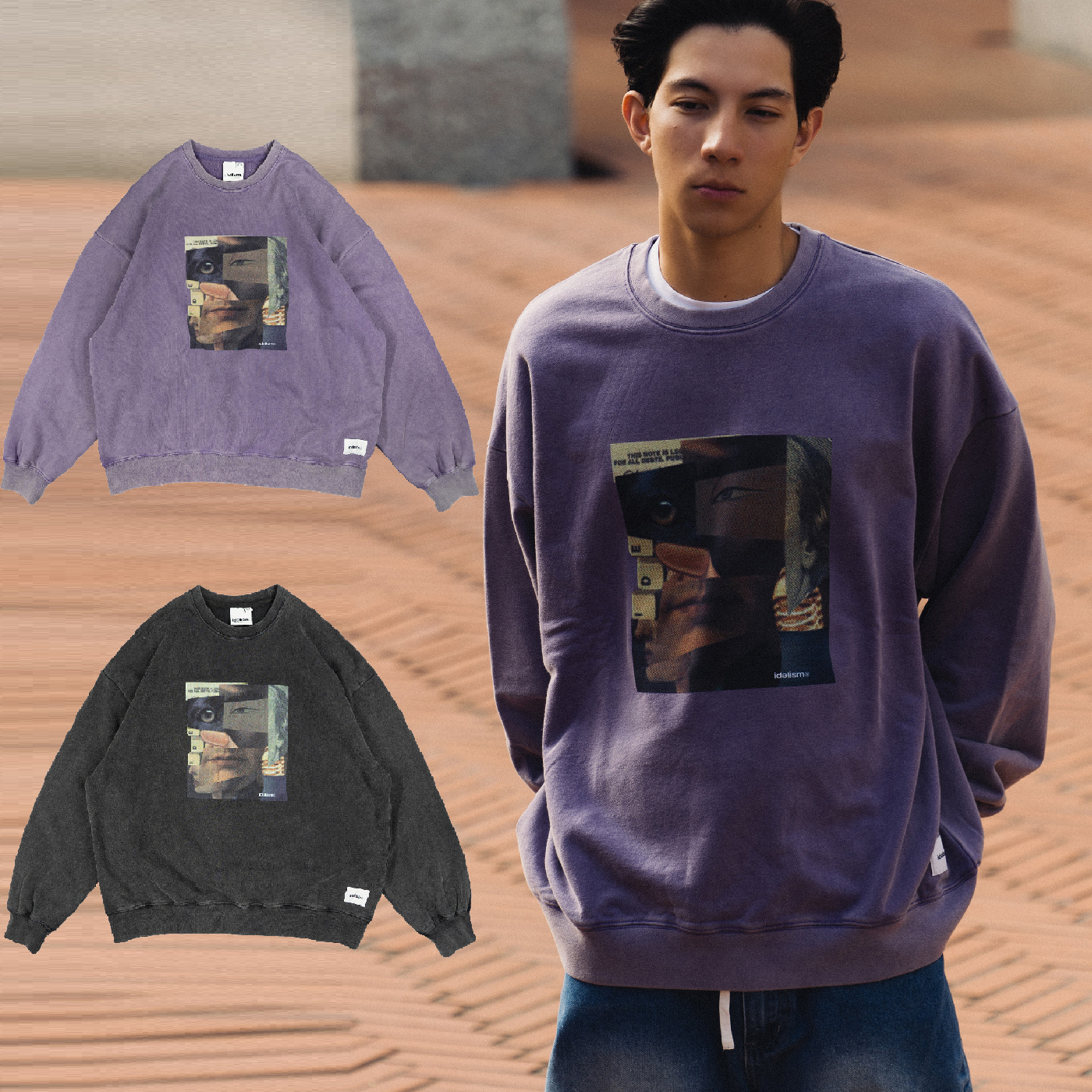 idealism Collage Sweatshirt 紫色 黑色 水洗 印花 圖像拼貼 長T 大學T【ID25047】
