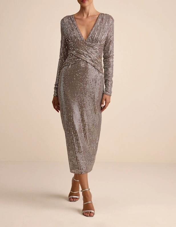 Siver Brown奶油焦糖色銀亮片深V交叉Midi Dress