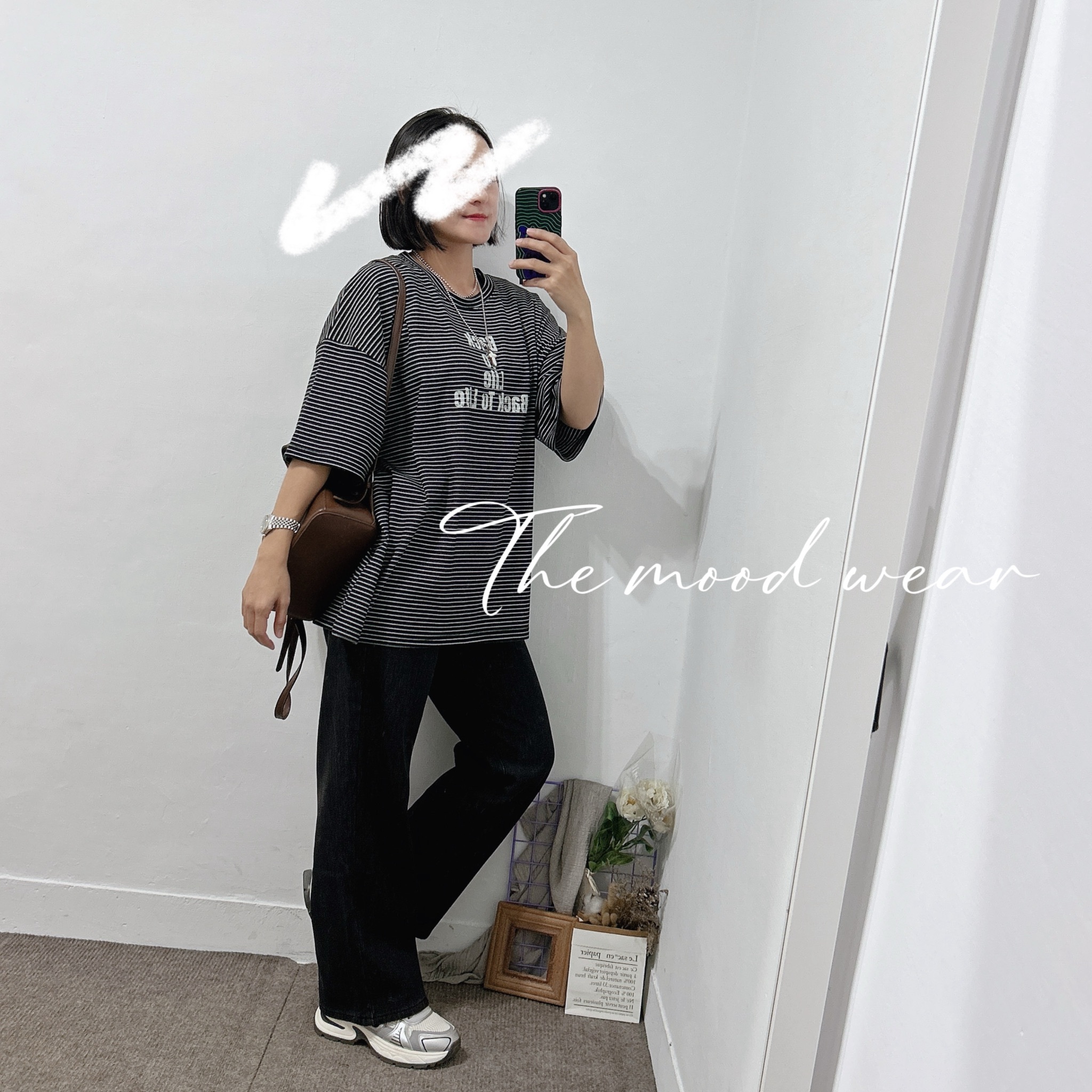 寬鬆休閒厚磅絨面條紋短T(黑/白)