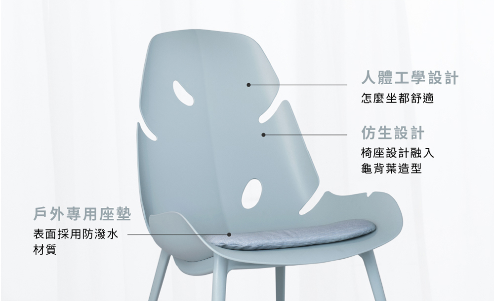 Monstera 繆思戶外主人椅商品特色展示，結合人體工學設計、與戶外專用座墊，適合戶外使用