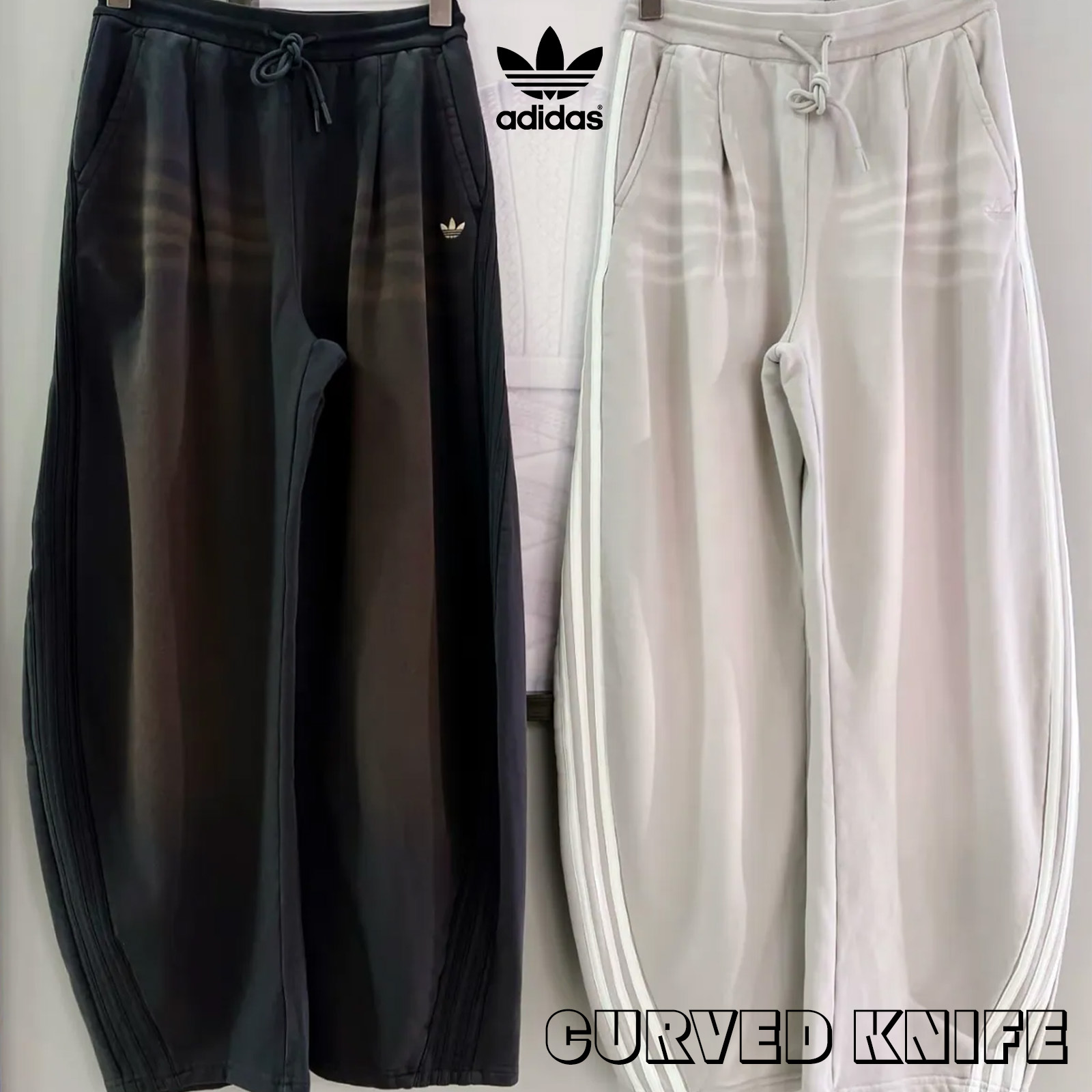 ADIDAS CURVED KNIFE 復古水洗彎刀棉褲 仿舊 牛仔感 寬鬆 闊腿 舒適柔軟 三葉草 運動長褲 IA7518 IA7519