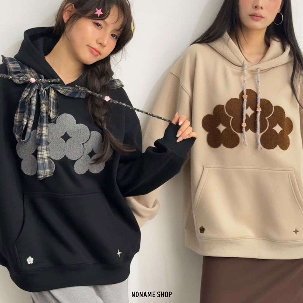 WE FLOWER Y2K 毛呢LOGO 刷毛 寬鬆 帽TEE 四色 (男/女款)