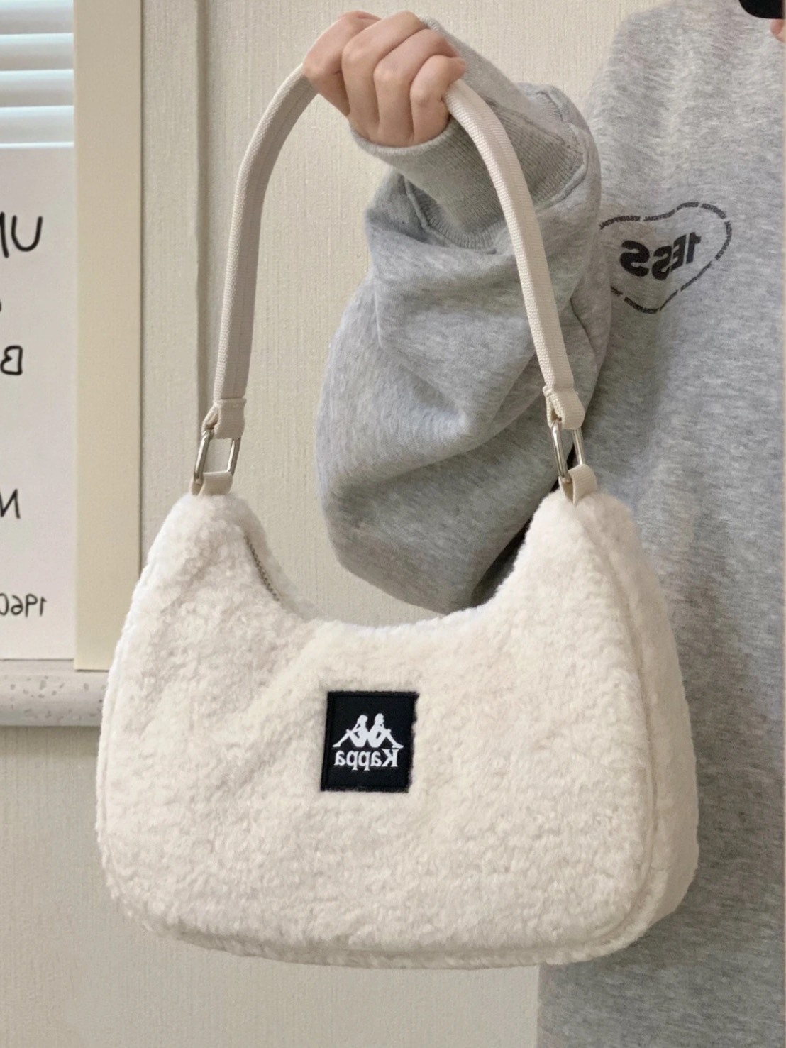 KAPPA 羊羔絨 毛絨 腋下包 奶油白