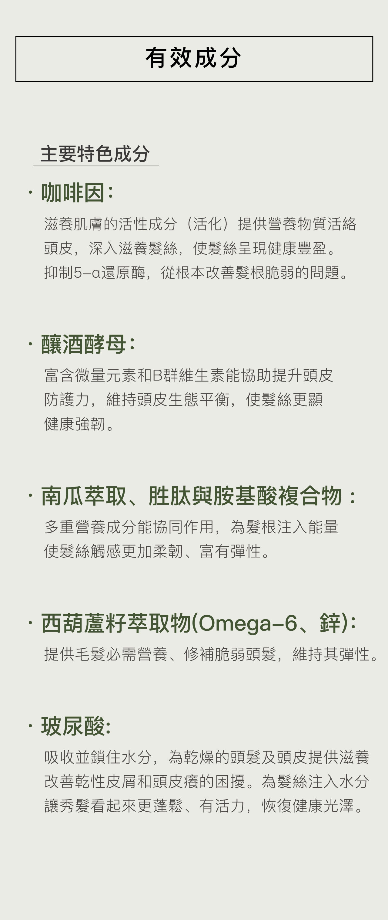 三大養護核心  調理活洛 咖啡因：  滋養肌膚的活性成分（活化）提供營養物質、活絡頭皮，深入滋養髮絲，使髮絲呈現健康豐盈。抑制5-α還原酶，從根本改善髮根脆弱的問題。   釀酒酵母： 富含微量元素和B群維生素能協助提升頭皮防護力，維持頭皮生態平衡，使髮絲更顯健康強韌。  南瓜萃取、胜肽與胺基酸複合物: 多重營養成分能協同作用，為髮根注入能量，使髮絲觸感更加柔韌、富有彈性。   強化滋養 西葫蘆籽萃取物(Omega-6、鋅)： 提供毛髮必需營養、修補脆弱頭髮，維持其彈性。   玻尿酸: 吸收並鎖住水分，為乾燥的頭髮及頭皮提供滋養，改善乾性皮屑和頭皮癢的困擾。為髮絲注入水分， 讓秀髮看起來更蓬鬆、有活力，恢復健康光澤。