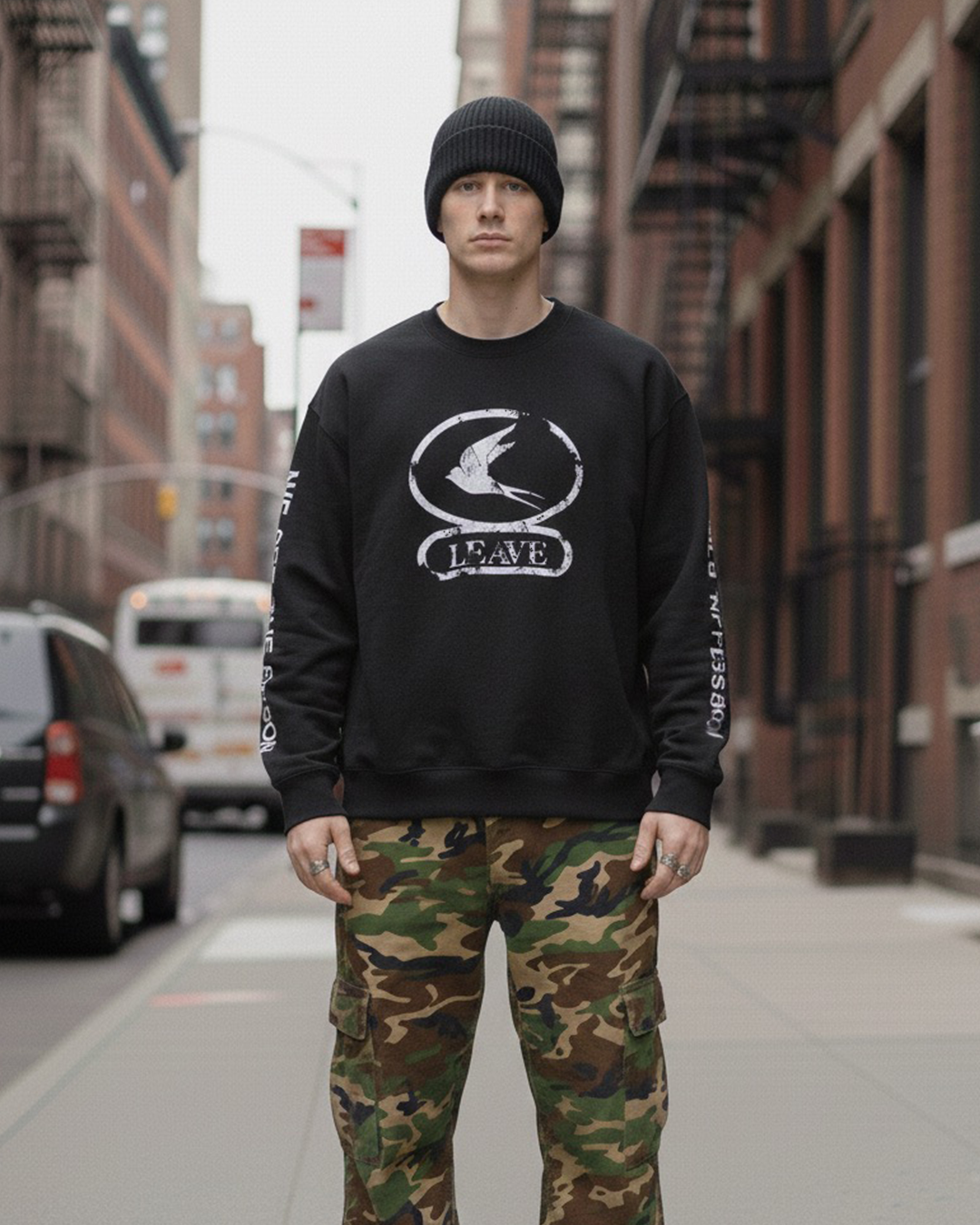 MTA LEAVE SWEATSHIRT 黑色 灰色 印花 落肩 標語 寬鬆 長T 衛衣【M25AWSS01】