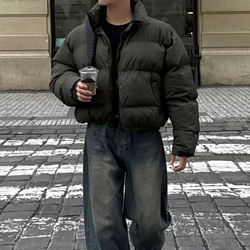 韓版稀有墨綠色立領加厚保暖短版羽絨外套