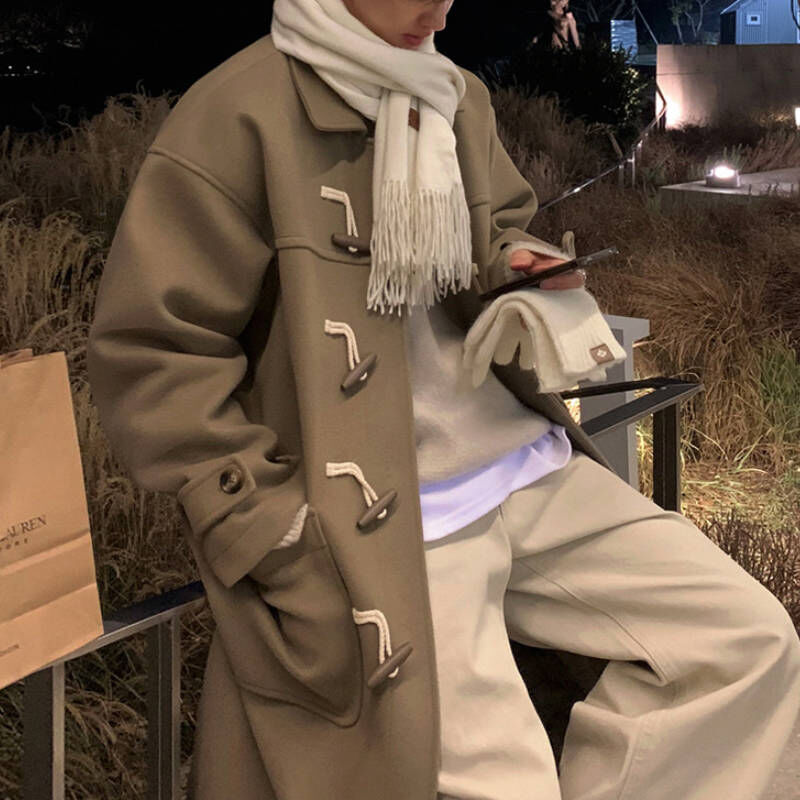 韓系卡其色牛角扣翻領茸毛長版大衣