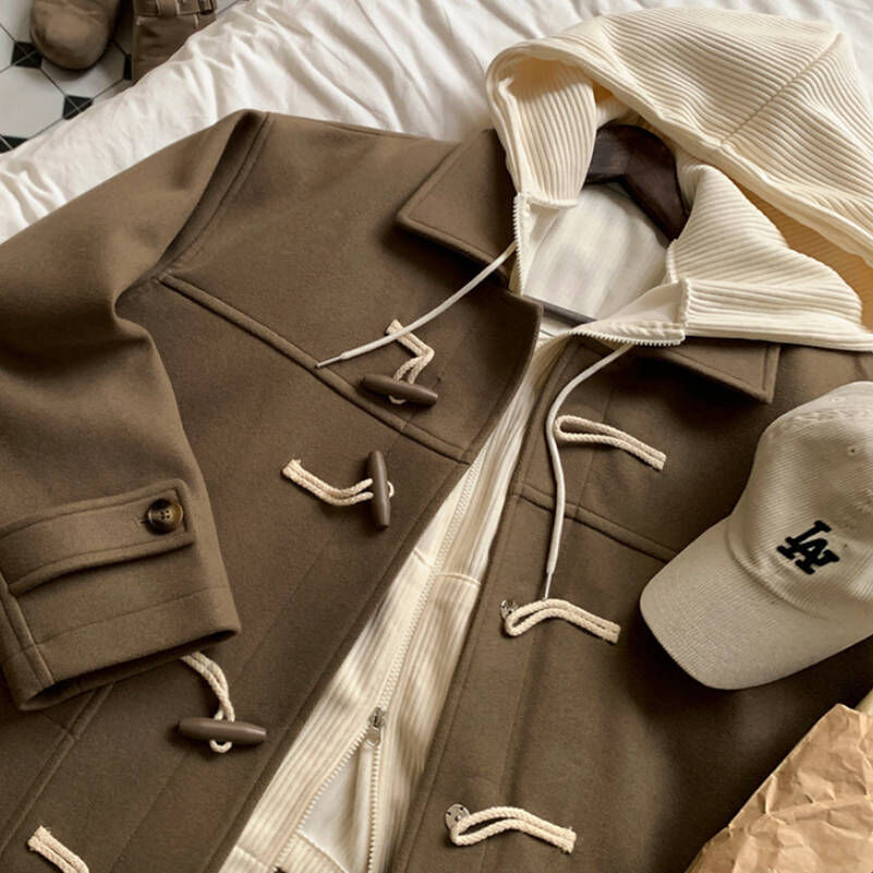 韓系卡其色牛角扣翻領茸毛長版大衣