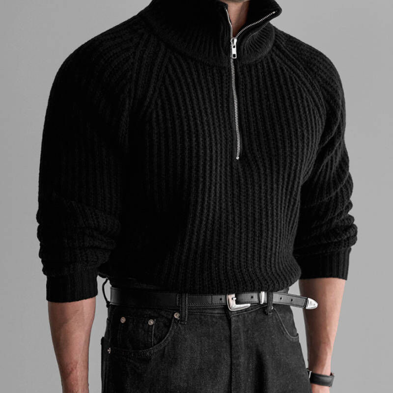 2026韓系新款冬季老錢風半高領拉鍊針織毛衣, 斜肩剪裁超顯壯