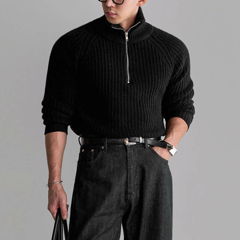 2026韓系新款冬季老錢風半高領拉鍊針織毛衣, 斜肩剪裁超顯壯