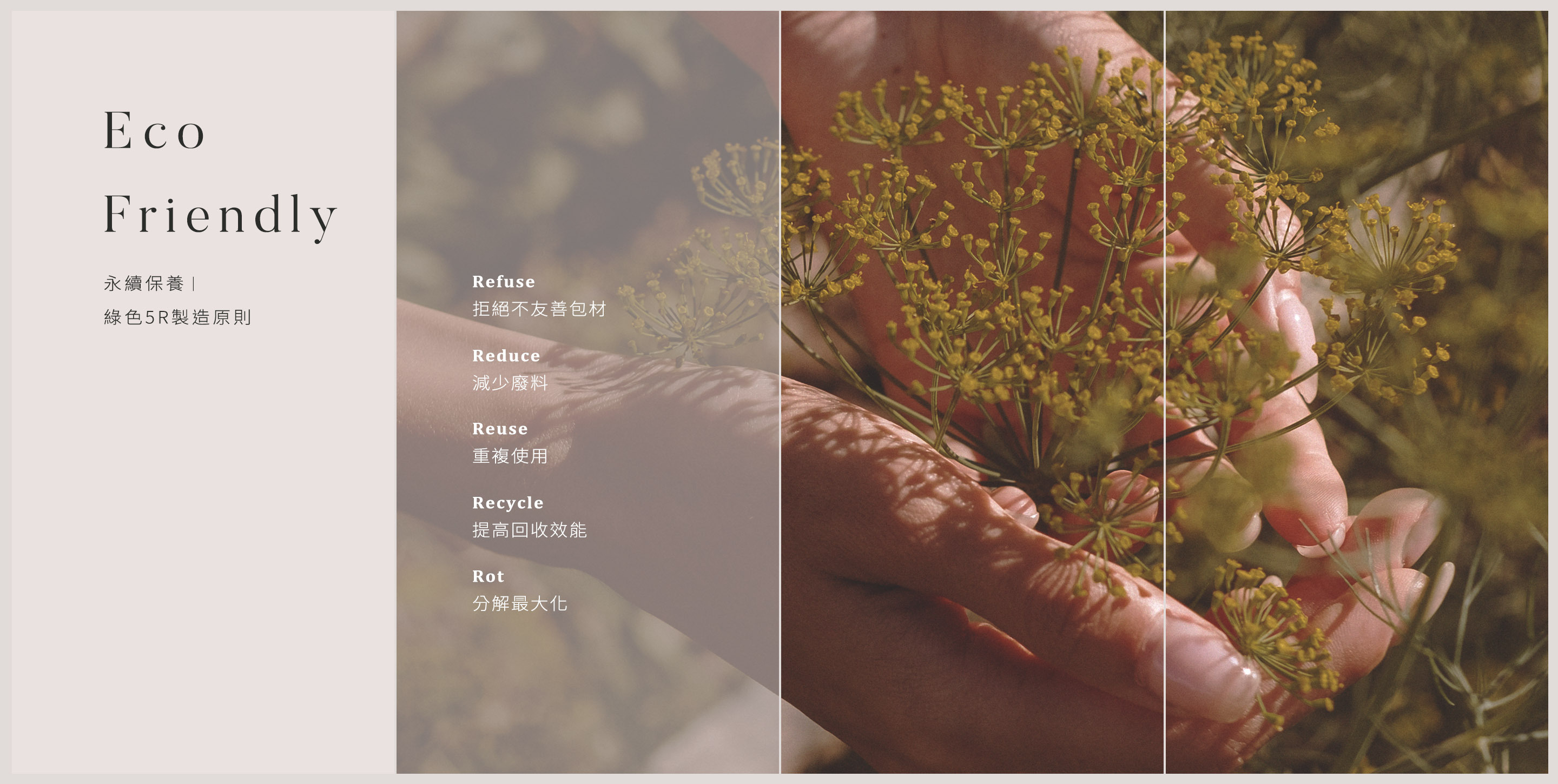 產品的環境友善 Friendly.永續保養，綠色5R製造原則，1.Refuse 拒絕不友善包材 2.Reduce 減少廢料 3.Reuse 重複使用 4.Recycle 提高回收效能 5.Rot 分解最大化