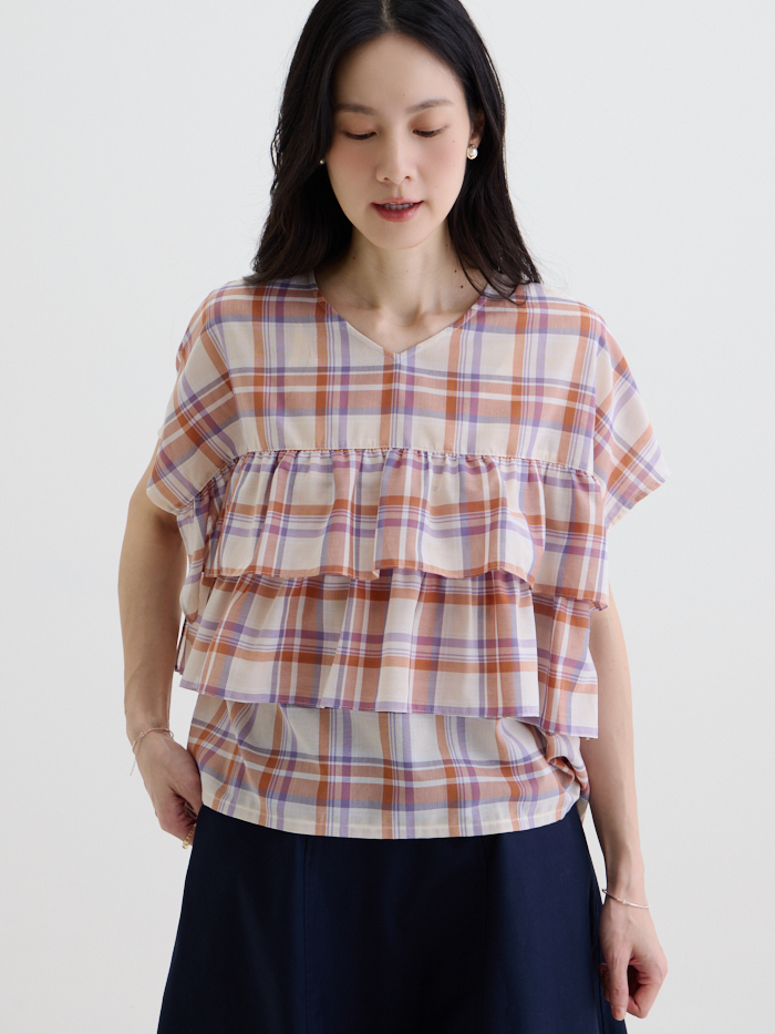 羅克西雙層短袖上衣-粉橘米格紋