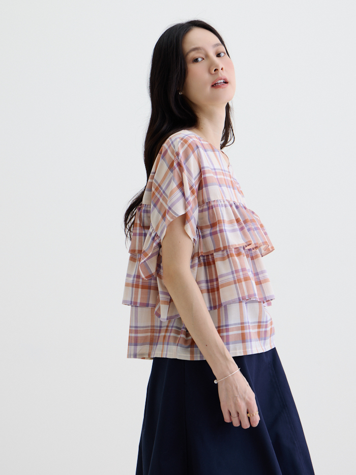 羅克西雙層短袖上衣-粉橘米格紋