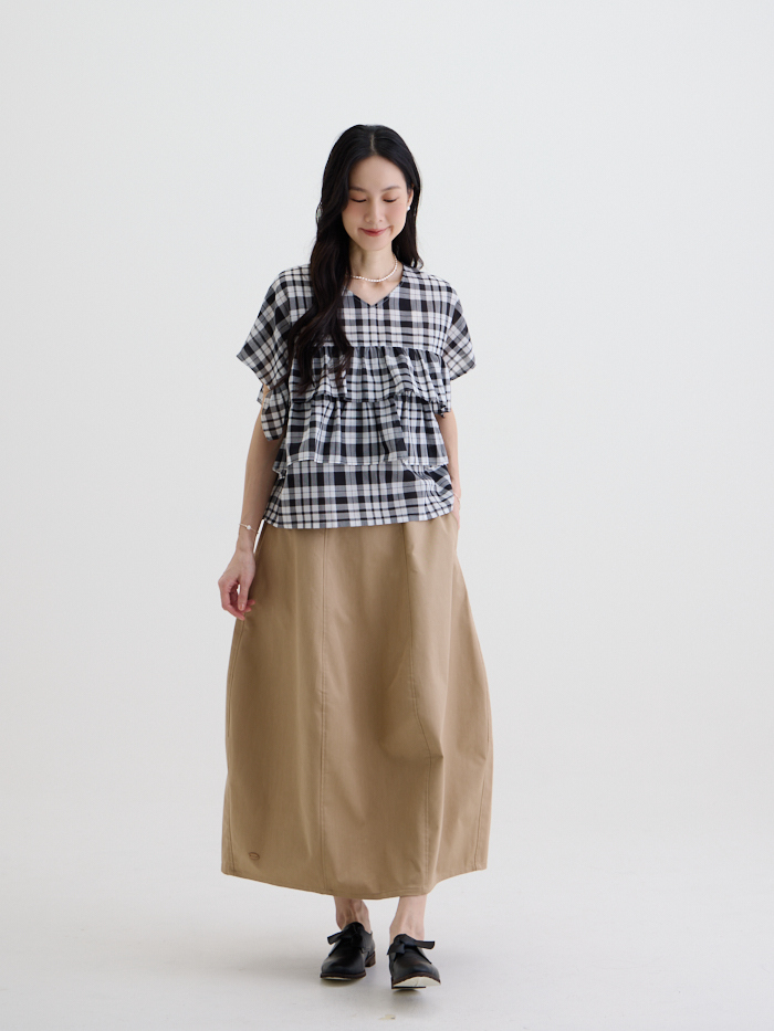 羅克西雙層短袖上衣-黑白格紋