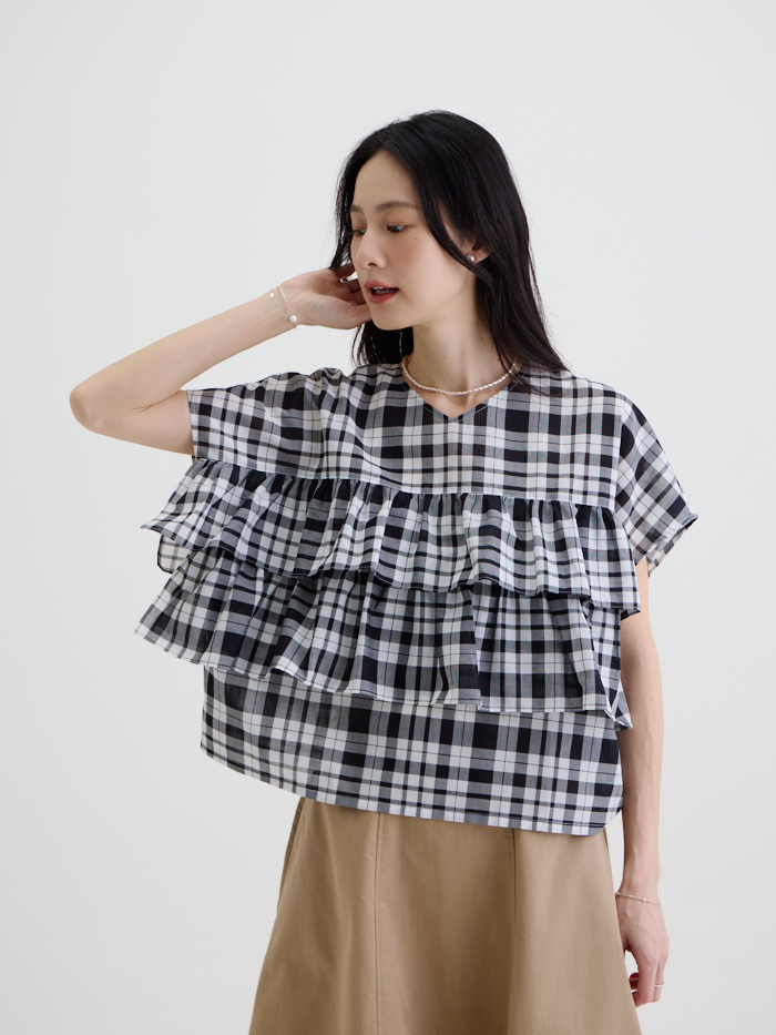 羅克西雙層短袖上衣-黑白格紋