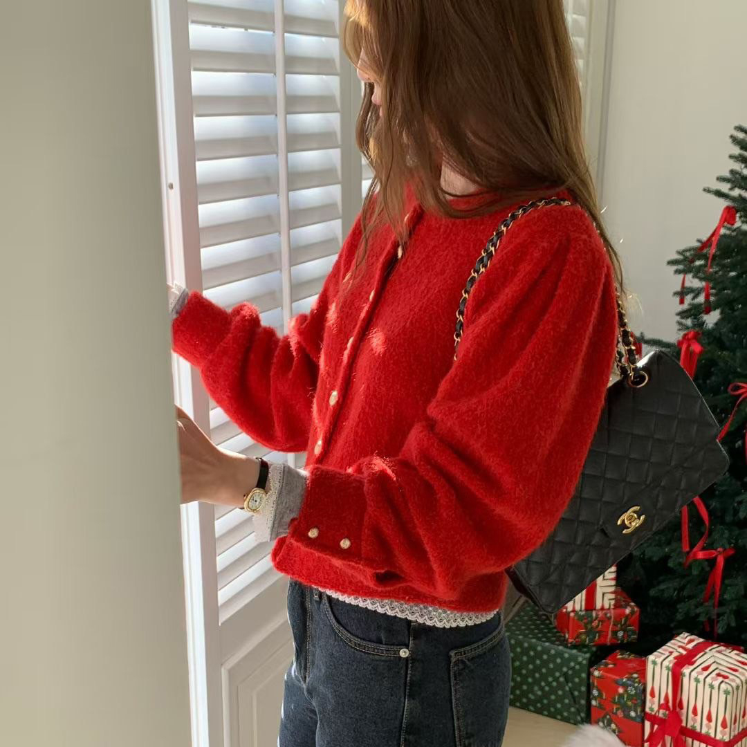 毛絨絨感圓領排釦澎澎袖上衣罩衫-F / 4色