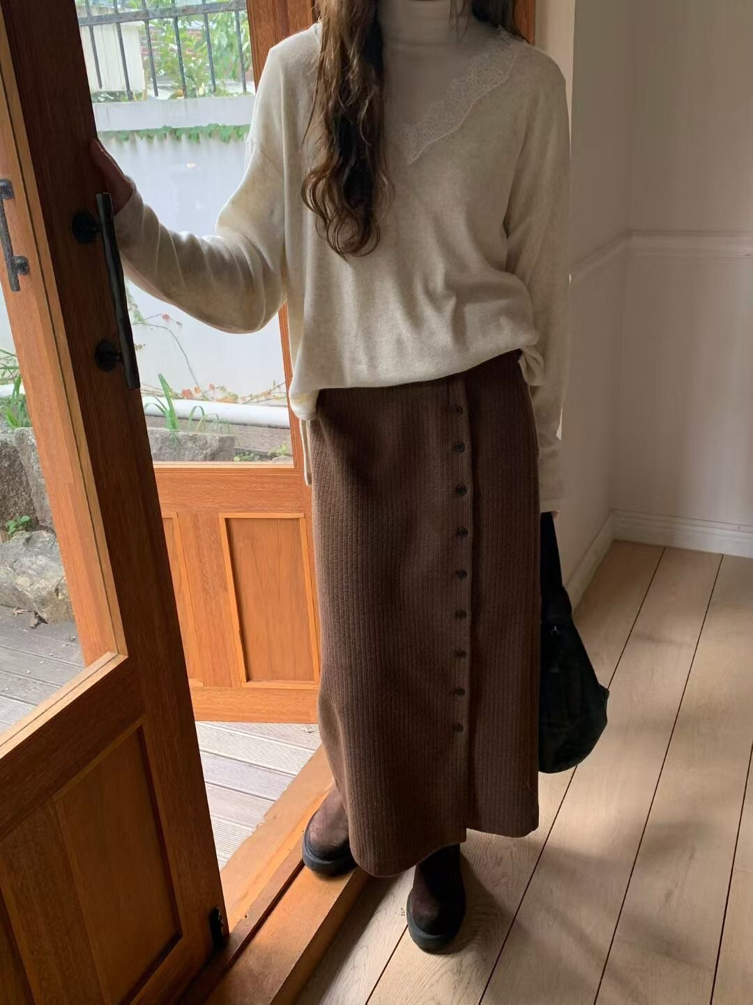 同色系側排釦造型螺紋長裙-S-Ｍ / 3色