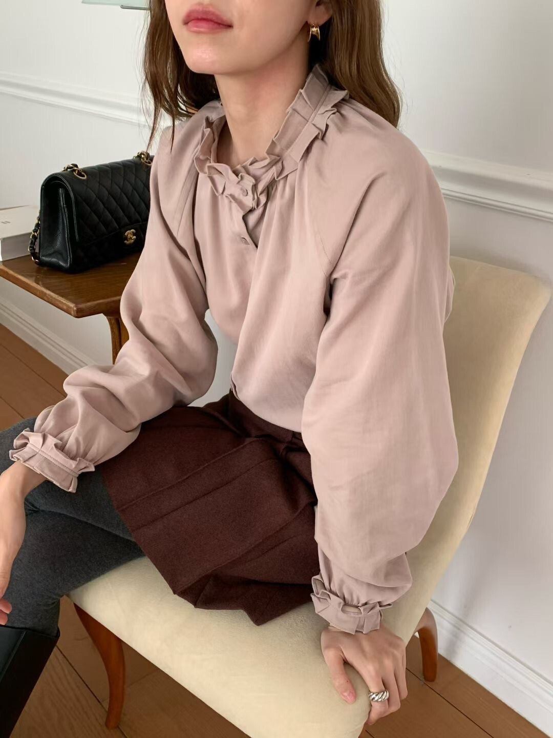 立領荷葉滾邊造型外磨毛排釦上衣-F / 3色