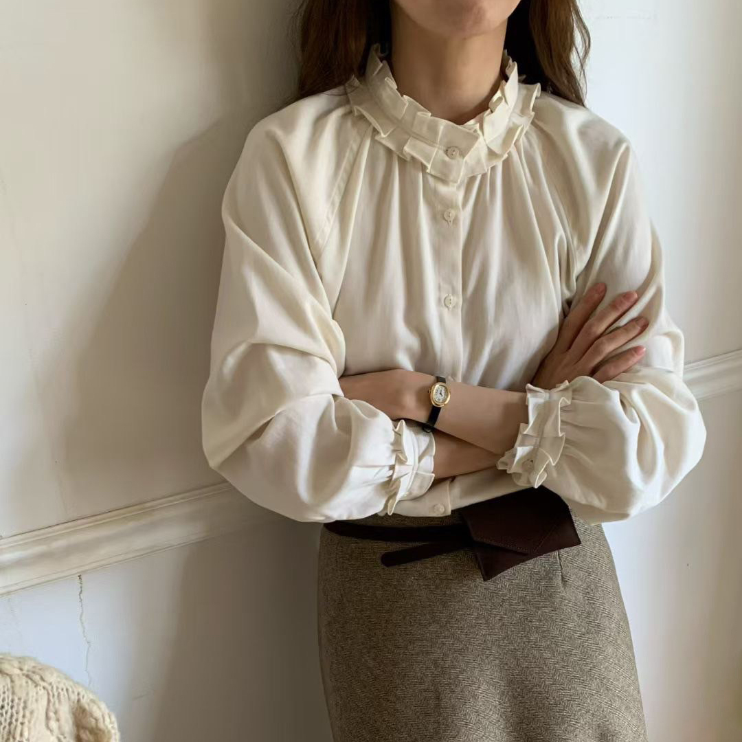 立領荷葉滾邊造型外磨毛排釦上衣-F / 3色