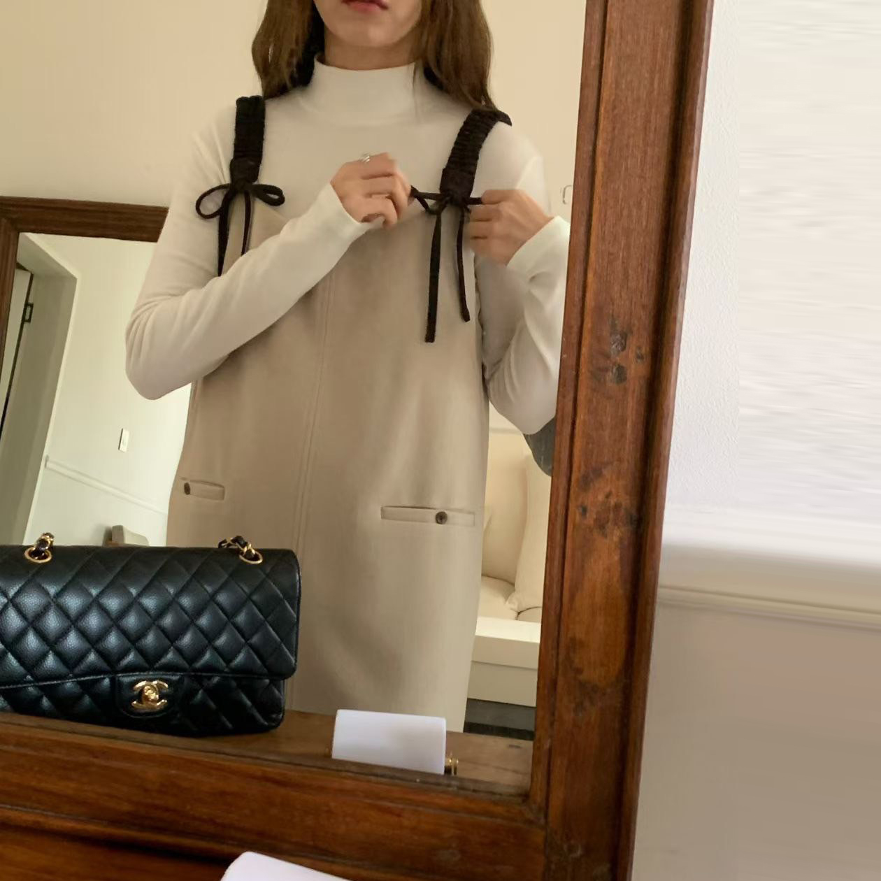 配色蝴蝶結肩帶造型背心裙短洋裝-F / 2色